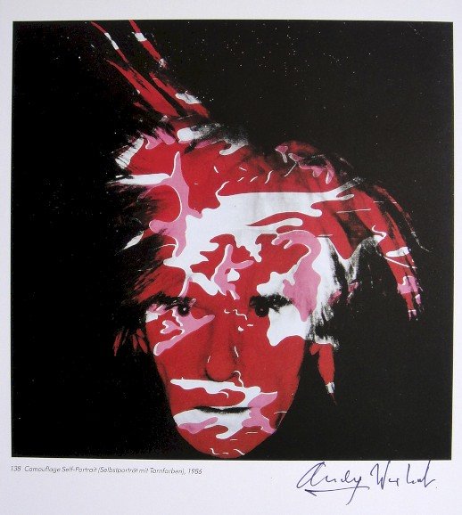 Andy Warhol, signed Print, Camouflage Self-Portrait,: Andy WARHOL, "Camouflage Self-Portrait" signed Print. From a signed VIP book from 1986. Hand signed by Andy Warhol in black pen. With titel, page number and printed on the back. Size: 10.63 x 8.86 in 