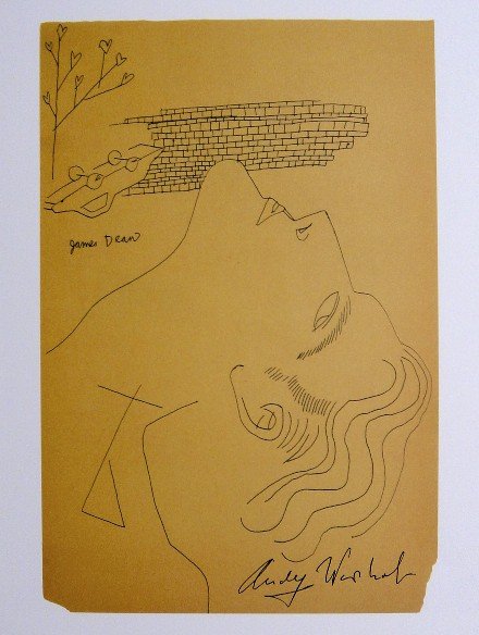 Andy Warhol, signed Print, James Dean, 1986: Andy WARHOL, "James Dean" signed Print. From a signed VIP book from 1986. Hand signed by Andy Warhol in black pen. Size: 9.45 x 6.69 in (24 x 17 cm), printed on the back.