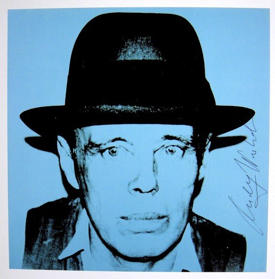 Andy Warhol, signed Print, Joseph Beuys, 1986: Andy WARHOL, "Joseph Beuys" signed Print. From a signed VIP book from 1986. Hand signed by Andy Warhol in black pen. Size: 9.06 x 9.06 in (23 x 23 cm), printed on the back.