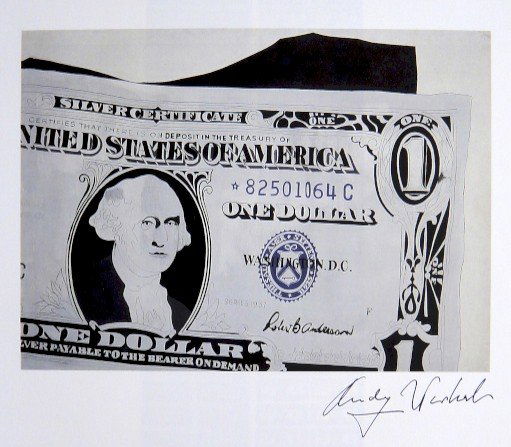 Andy Warhol, signed Print, One-Dollar Bill, 1986: Andy WARHOL, "One-Dollar Bill" signed Print. From a signed VIP book from 1986. Hand signed by Andy Warhol in black pen. Size: 7.87 x 8.66 in (20 x 22 cm), printed on the back.