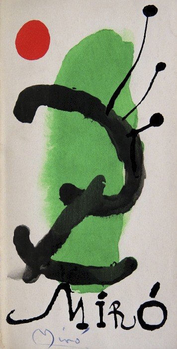JOAN MIRO, signed Lithograph, 1958: Original Lithograph "Front Page" by Joan Miro from the VIP book "Bois graves pour un poeme de Paul Eluard" 1958. Hand signed by Miro in blue pencil. Editeur: Berggruen & Cie, Paris. With book fold and