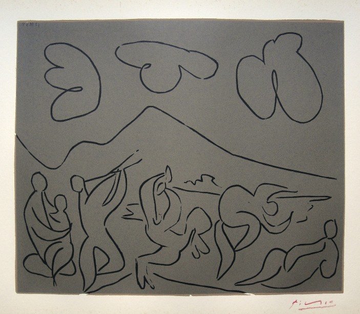 PABLO PICASSO, Hand signed Linocut, 1962: Pablo Picasso original hand signed Linocut, 1962. "Bacchanale" (Bloch 927) Signature in red pencil by Pablo Picasso. Publishing house Gerd Hatje, Stuttgart 1962 and for France edition Circle d'Art, Pa