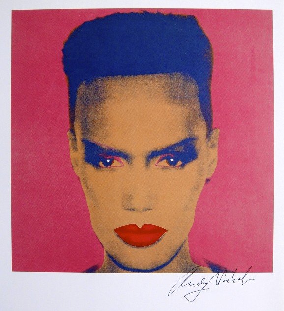 Andy Warhol, signed Print, Grace Jones, 1986: Andy WARHOL, "Grace Jones" signed Print. From a signed VIP book from 1986. Hand signed by Andy Warhol in black pen. Size: 10.63 x 9.45 in (27 x 24 cm), printed on the back.