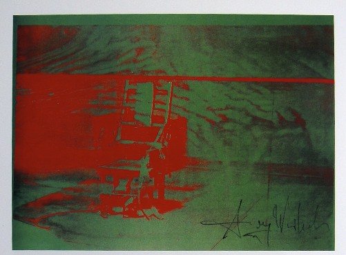 Andy Warhol, signed Print, Big Electric Chair, 1986: Andy WARHOL, "Big Electric Chair" signed Print. From a signed VIP book from 1986. Hand signed by Andy Warhol in black pen. Size: 6.3 x 8.66 in (16 x 22 cm), printed on the back.