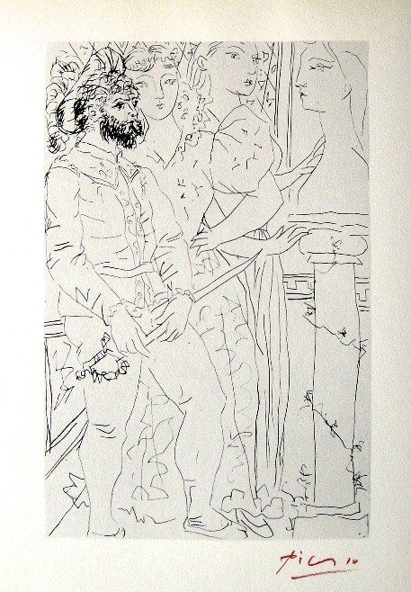 Pablo PICASSO "Suite Vollard" Lithograph 1952: Picasso Lithograph form the Suite Vollard "Trois Acteurs" (Bloch 145). Hand signed in red pencil by Pablo Picasso, Edition from 1952. Size: 8.2 x 11 in (20 x 27 cm).