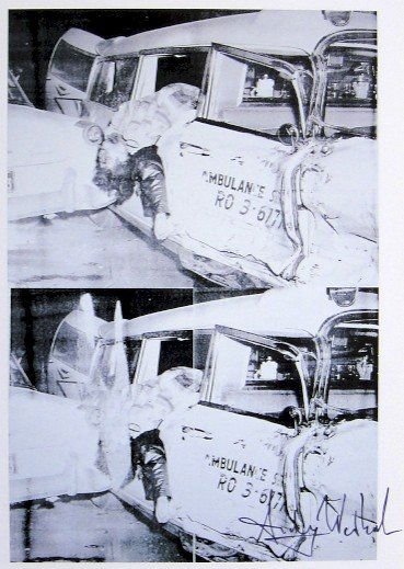 Andy Warhol, signed Print, Ambulance Disaster, 1986: Andy WARHOL, "Ambulance Disaster" signed Print. From a signed VIP book from 1986. Hand signed by Andy Warhol in black pen. Size: 9.45 x 6.69 in (24 x 17 cm), printed on the back.