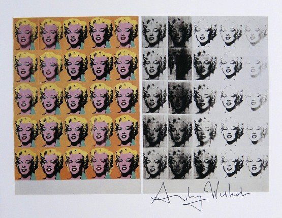 Andy Warhol, signed Print, Marilyn Diptych, 1986: Andy WARHOL, "Marilyn Diptych" signed Print. From a signed VIP book from 1986. Hand signed by Andy Warhol in black pen. Size: 7.09 x 8.66 inches (18 x 22 cm), printed on the back.