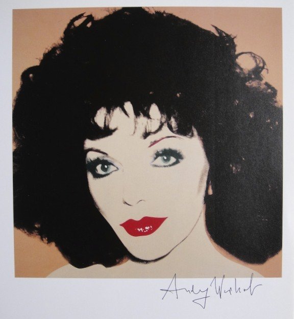 Andy Warhol, signed Print, Joan Collins, 1986: Andy WARHOL, "Joan Collins" signed Print. From a signed VIP book from 1986. Hand signed by Andy Warhol in black pen. Size: 9.84 x 8.66 inches (25 x 22 cm), printed on the back.
