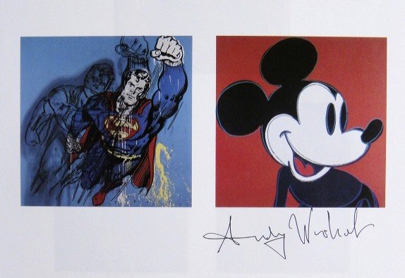 Andy Warhol, signed Print, Superman & Mickey Mouse,: Andy WARHOL, "Superman & Mickey Mouse" signed Print. From a signed VIP book from 1986. Hand signed by Andy Warhol in black pen. Size: 6.3 x 8.66 inches (16 x 22 cm), printed on the back.