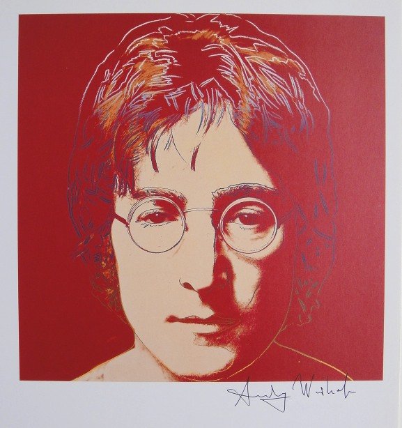 Andy Warhol, signed Print, John Lennon, 1986: Andy WARHOL, "John Lennon" signed Print. From a signed VIP book from 1986. Hand signed by Andy Warhol in black pen. Size: 9.84 x 8.66 inches (25 x 22 cm), printed on the back.