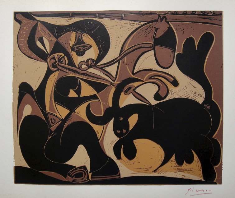 PABLO PICASSO, Hand signed Linocut, 1962: Pablo Picasso original hand signed Linocut, 1962. "Pique" (Bloch 911) Signature in red pencil by Pablo Picasso. Publishing house Gerd Hatje, Stuttgart 1962 and for France edition Circle d'Art, Paris 1
