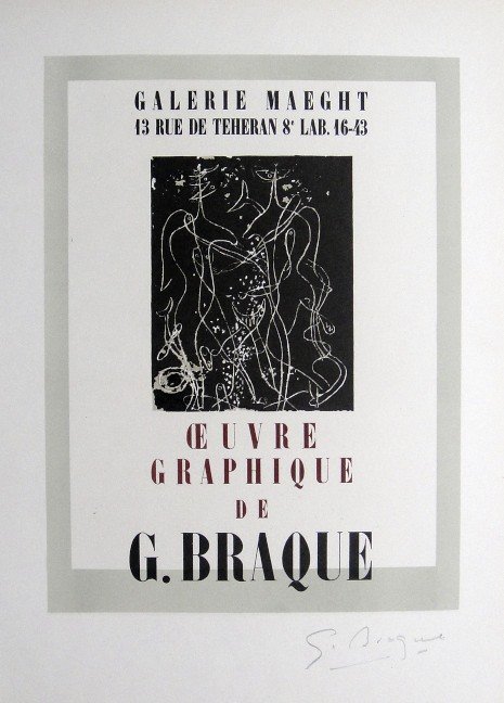 Georges Braque Lithograph Ecole de Paris 1952: Original lithograph from a VIP folder, 1952. Hand signed by Georges Braque in pencil. Lithograph: Fernand Mourlot, Paris. Editeur and Prov: Galerie Maeght, Paris. Size: 11.8 x 9 inches (30 x 23 cm).