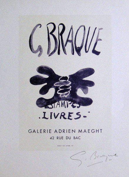 Georges Braque Lithograph Ecole de Paris 1952: Original lithograph from a VIP folder, 1952. Hand signed by Georges Braque in pencil. Lithograph: Fernand Mourlot, Paris. Editeur and Prov: Galerie Maeght, Paris. Size: 11.8 x 9 inches (30 x 23 cm).