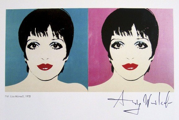 Andy Warhol, signed Print, Liza Minnelli, 1986: Andy WARHOL, "Liza Minnelli" signed Print. From a signed VIP book from 1986. Hand signed by Andy Warhol in black pen. With titel and printed on the back. Size: 5.91 x 8.86 in (15 x 22.5 cm).