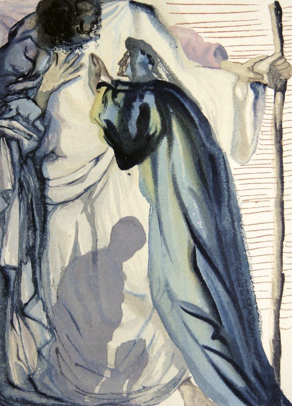 Salvador DALI, Signed Woodcut - The Divine Comedy: Original signed Woodcut 1950 - 1960 by Salvador Dali form the serie The Divine Comedy - 14th canto of the Purgatory "Ein Geist befragt Dante". Hand signed by Dali in pencil, 1st original Edition. Prov