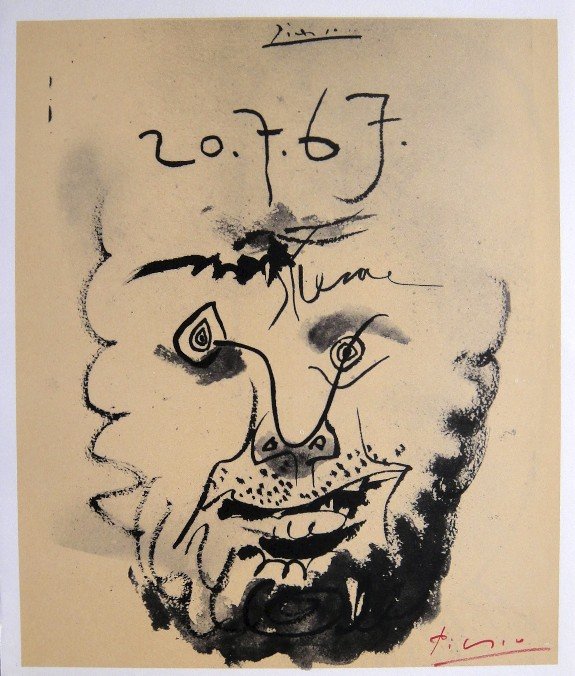 Pablo Picasso signed Print Tete de Homme, 1969: Pablo Picasso Print "Tete de Homme" from a VIP book. Hand signed by Pablo Picasson in red pencil. From the book "Dessins" published in 1969. Editeur and Prov.: Cercle d'Art, Paris. With small page num