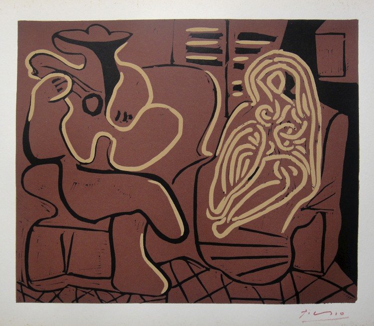 PABLO PICASSO, Hand signed Linocut, 1962: Pablo Picasso original hand signed Linocut, 1962. "Femme dans un Fauteuil et Guitariste" (Bloch 917) Signature in red pencil by Pablo Picasso. Publishing house Gerd Hatje, Stuttgart 1962 and for Franc