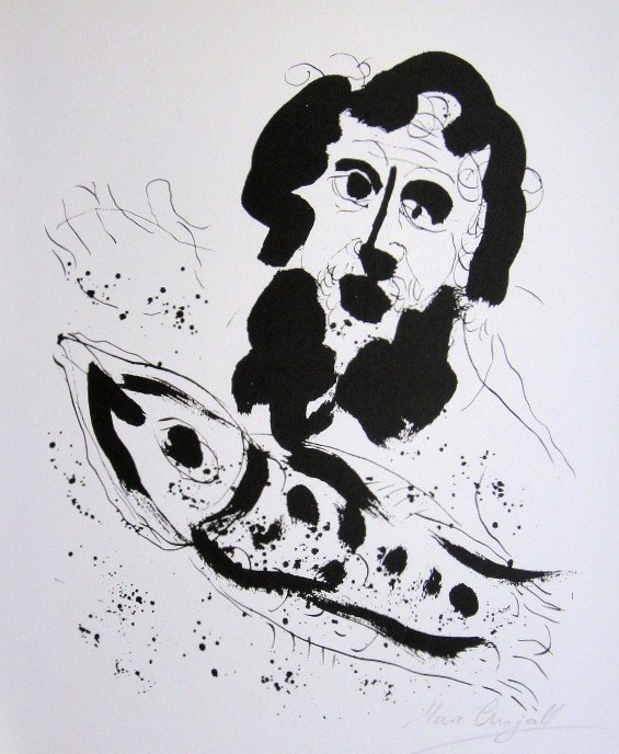 MARC CHAGALL, signed offset lithograph 1975: Marc CHAGALL, signed offset lithograph " Jonas " from the serie: Gauches, Dessins, Aquarelles. From a special signed VIP book published in 1975. Hand signed by Marc Chagall in pencil. Editeur: Ste Nll