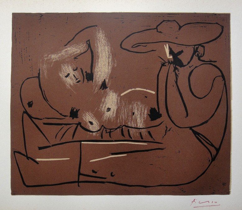 PABLO PICASSO, Hand signed Linocut, 1962: Pablo Picasso original hand signed Linocut, 1962. "Femme couchee et Homme au Grand Chapeau" (Bloch 919) Signature in red pencil by Pablo Picasso. Publishing house Gerd Hatje, Stuttgart 1962 and for Fr