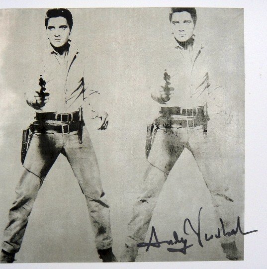 Andy Warhol, signed Print, Double Elvis, 1986: Andy WARHOL, "Double Elvis" signed Print. From a signed VIP book from 1986. Hand signed by Andy Warhol in silver pen. Size: 7.87 x 7.87 inches (20 x 20 cm).
