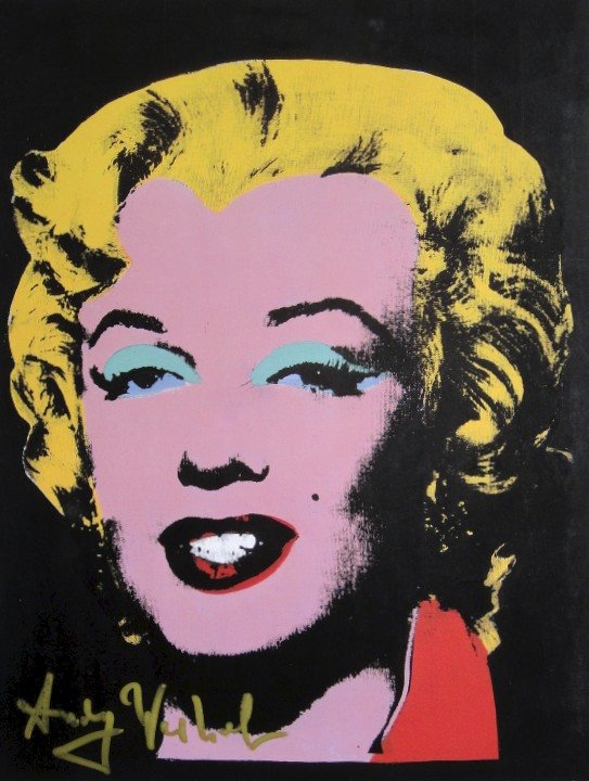 Andy Warhol, signed Print, Marilyn Monroe, 1986: Andy WARHOL, "Marilyn Monroe" signed Print. From a signed VIP book from 1986. Hand signed by Andy Warhol in gold pen. Size: 11.42 x 8.66 inches (29 x 22 cm), thin cardboard.