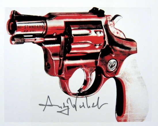 Andy Warhol, signed Print, Gun, 1986: Andy WARHOL, "Gun" signed Print. From a signed VIP book from 1986. Hand signed by Andy Warhol in silver pen. Size: 6.3 x 7.87 inches (16 x 20 cm), printed on the back.