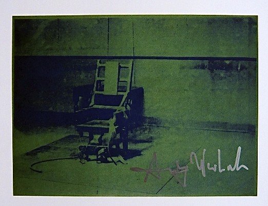 Andy Warhol, signed Print, Big Electric Chair, 1986: Andy WARHOL, "Big Electric Chair" signed Print. From a signed VIP book from 1986. Hand signed by Andy Warhol in silver pen. Size: 5.51 x 7.28 inches (14 x 18.5 cm).