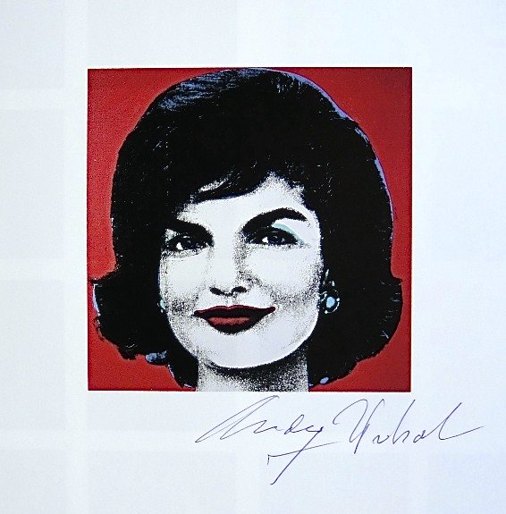 Andy Warhol, signed Print, Red Jackie, 1986: Andy WARHOL, "Red Jackie" signed Print. From a signed VIP book from 1986. Hand signed by Andy Warhol in blue pen. Size: 6.3 x 6.3 inches (16 x 16 cm), printed on the back.