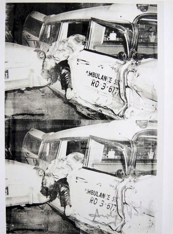 Andy Warhol, signed Print, Ambulance Disaster, 1986: Andy WARHOL, "Ambulance Disaster" signed Print. From a signed VIP book from 1986. Hand signed by Andy Warhol in silver pen. Size: 11.61 x 8.27 inches (29.5 x 21 cm), printed on the back.