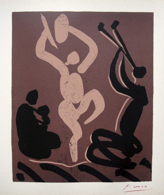 PABLO PICASSO, Hand signed Linocut, 1962: Pablo Picasso original hand signed Linocut, 1962. "Mere, Danseur et Musicien" (Bloch 929) Signature in red pencil by Pablo Picasso. Publishing house Gerd Hatje, Stuttgart 1962 and for France edition C