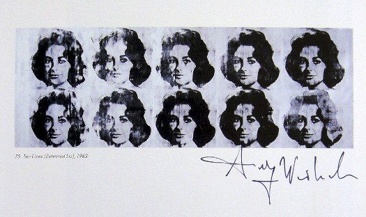 Andy Warhol, signed Print, Ten Lizes, 1986: Andy WARHOL, "Ten Lizes" signed Print. From a signed VIP book from 1986. Hand signed by Andy Warhol in black pen. With titel, page number and printed on the back. Size: 5.51 x 8.86 in (14 x 22.5 cm).
