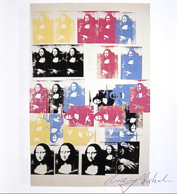 Andy Warhol, signed Print, Mona Lisa, 1986: Andy WARHOL, "Mona Lisa" signed Print. From a signed VIP book from 1986. Hand signed by Andy Warhol in blue pen. Size: 8.66 x 7.87 inches (22 x 20 cm), printed on the back.