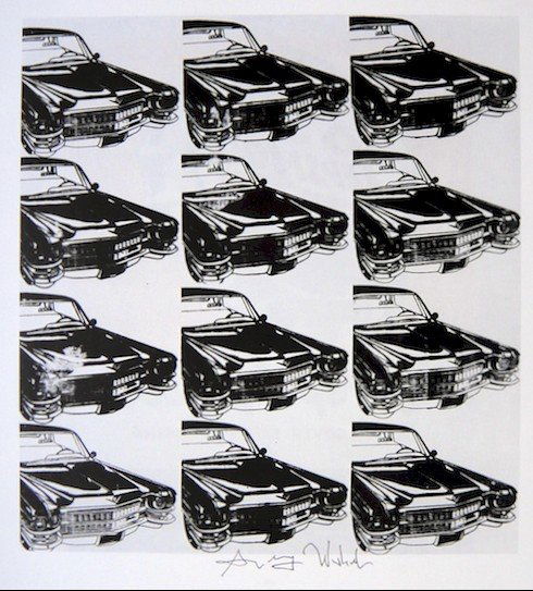 Andy Warhol, signed Print, Twelve Cadillacs, 1986: Andy WARHOL, "Twelve Cadillacs" signed Print. From a signed VIP book from 1986. Hand signed by Andy Warhol in black pen. Size: 8.66 x 7.87 inches (22 x 20 cm), printed on the back.