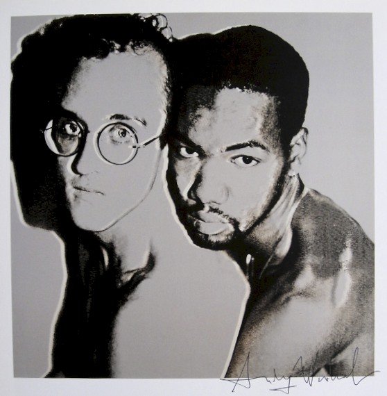 Andy Warhol, signed Print, Keith Haring and Juan Dubos,: Andy WARHOL, "Keith Haring and Juan Dubos" signed Print. From a signed VIP book from 1986. Hand signed by Andy Warhol in black pen. Size: 9.06 x 8.86 inches (23 x 22.5 cm), printed on the back.