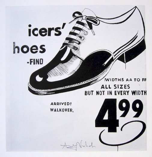 Andy Warhol, signed Print, Icers' Shoes, 1986: Andy WARHOL, "Icers' Shoes" signed Print. From a signed VIP book from 1986. Hand signed by Andy Warhol in black pen. Size: 8.27 x 7.87 inches (21 x 20 cm), printed on the back.