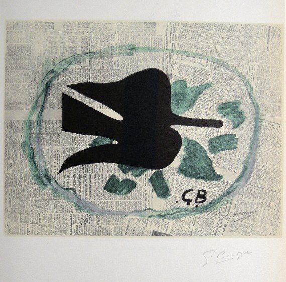 Georges Braque Lithograph Ecole de Paris 1952: Original lithograph from a VIP folder, 1952. Hand signed by Georges Braque in pencil. Lithograph: Fernand Mourlot, Paris. Editeur and Prov: Galerie Maeght, Paris. Size: 11.8 x 9 inches (30 x 23 cm), p