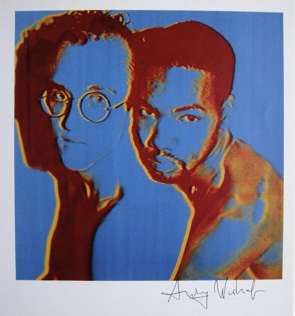 Andy Warhol, signed Print, Keith Haring and Juan Dubos,: Andy WARHOL, "Keith Haring and Juan Dubos" signed Print. From a signed VIP book from 1986. Hand signed by Andy Warhol in black pen. Size: 9.84 x 8.66 inches (25 x 22 cm).