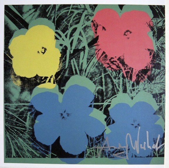 Andy Warhol, signed Print, Flowers, 1986: Andy WARHOL, "Flowers" signed Print. From a signed VIP book from 1986. Hand signed by Andy Warhol in silver pen. Size: 7.87 x 7.87 inches (20 x 20 cm), printed on the back.