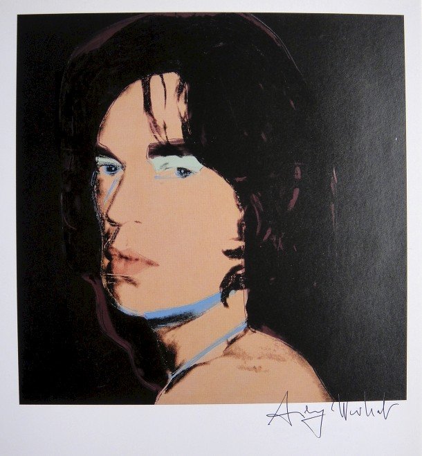 Andy Warhol, signed Print, Mick Jagger, 1986: Andy WARHOL, "Mick Jagger" signed Print. From a signed VIP book from 1986. Hand signed by Andy Warhol in black pen. Size: 9.84 x 8.66 inches (25 x 22 cm), printed on the back.