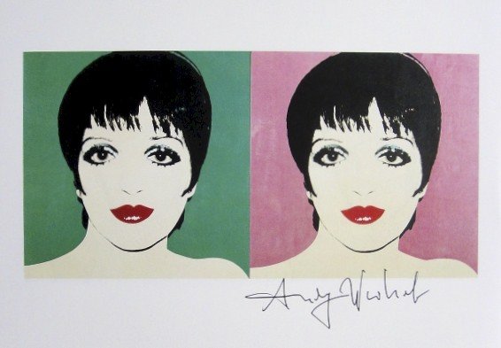 Andy Warhol, signed Print, Liza Minelli, 1986: Andy WARHOL, "Liza Minelli" signed Print. From a signed VIP book from 1986. Hand signed by Andy Warhol in black pen. Size: 6.3 x 8.66 inches (16 x 22 cm), printed on the back.