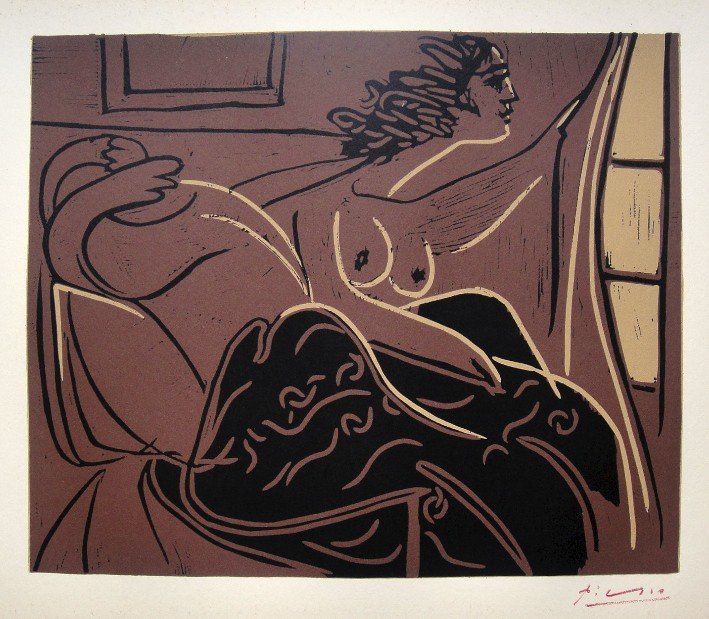 PABLO PICASSO, Hand signed Linocut, 1962: Pablo Picasso original hand signed Linocut, 1962. "Femme regardant par la Fenetre" (Bloch 925) Signature in red pencil by Pablo Picasso. Publishing house Gerd Hatje, Stuttgart 1962 and for France edit
