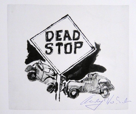 Andy Warhol, signed Print, Dead Stop, 1986: Andy WARHOL, "Dead Stop" signed Print. From a signed VIP book from 1986. Hand signed by Andy Warhol in blue pen. Size: 6.69 x 7.87 inches (17 x 20 cm), printed on the back.
