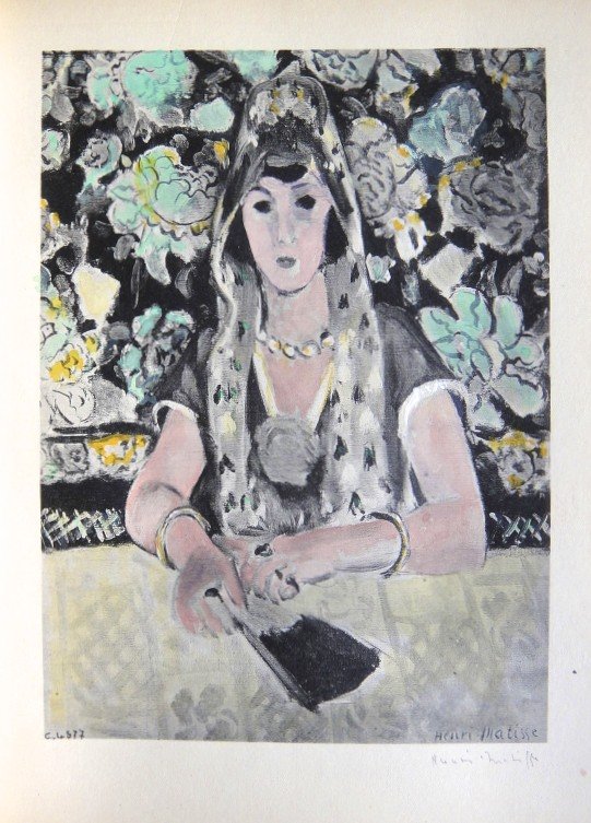 Henri Matisse colored and signed Lithograph 1947: Henri Matisse hand colored and hand signed Lithograph from a VIP folder. Preface de Jean Cassou, Conservateur du Musee d'Art Moderne 1947. Hand colored and hand signed by Matisse in pencil. Editeur: B