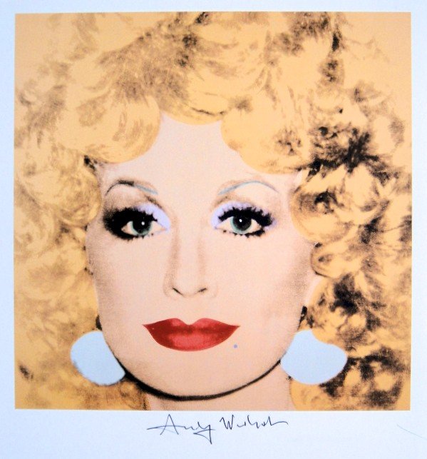 Andy Warhol, signed Print, Dolly Parton, 1986: Andy WARHOL, "Dolly Parton" signed Print. From a signed VIP book from 1986. Hand signed by Andy Warhol in black pen. Size: 9.84 x 8.66 inches (25 x 22 cm).