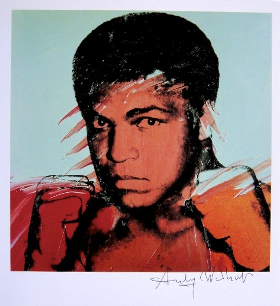 Andy Warhol, signed Print, Muhamad Ali, 1986: Andy WARHOL, "Muhamad Ali" signed Print. From a signed VIP book from 1986. Hand signed by Andy Warhol in black pen. Size: 9.84 x 8.66 inches (25 x 22 cm), printed on the back.