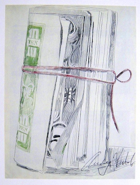 Andy Warhol, signed Print, Roll of Bills, 1986: Andy WARHOL, "Roll of Bills" signed Print. From a signed VIP book from 1986. Hand signed by Andy Warhol in black pen. Size: 8.66 x 6.69 inches (22 x 17 cm), printed on the back.