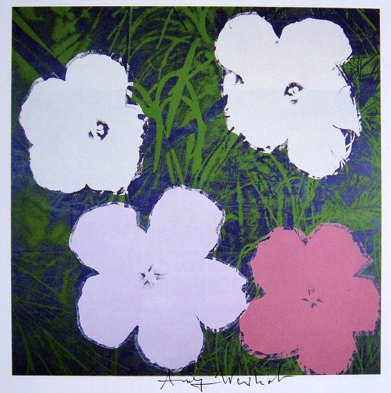Andy Warhol, signed Print, Flowers, 1986: Andy WARHOL, "Flowers" signed Print. From a signed VIP book from 1986. Hand signed by Andy Warhol in black pen. Size: 8.66 x 8.66 inches (22 x 22 cm), printed on the back.