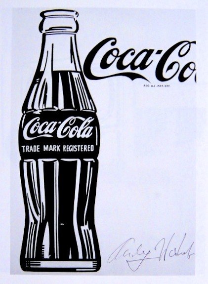 Andy Warhol, signed Print, Large Coca-Cola, 1986: Andy WARHOL, "Large Coca-Cola" signed Print. From a signed VIP book from 1986. Hand signed by Andy Warhol in black pen. Size: 8.66 x 6.3 inches (22 x 16 cm), printed on the back.