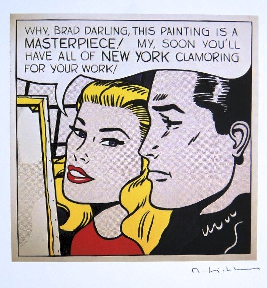 Roy LICHTENSTEIN, signed Print, Why, Brad Darling,...,: Roy LICHTENSTEIN, "Why, Brad Darling,..." signed Print. From a signed VIP book from 1984. Hand signed by Roy Lichtenstein in black pen. Prov: Cross River Press Ltd. Size: 11.81 x 9.06 inches (30 x 23
