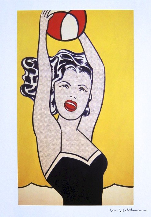 Roy LICHTENSTEIN, signed Print, Girl with Ball, 1984: Roy LICHTENSTEIN, "Girl with Ball" signed Print. From a signed VIP book from 1984. Hand signed by Roy Lichtenstein in black pen. Prov: Cross River Press Ltd. Size: 11.81 x 9.06 inches (30 x 23 cm), pr